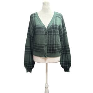 Hollister Retro Green Plaid Grandpa Grunge Crop Button Up Sweater Womens Small